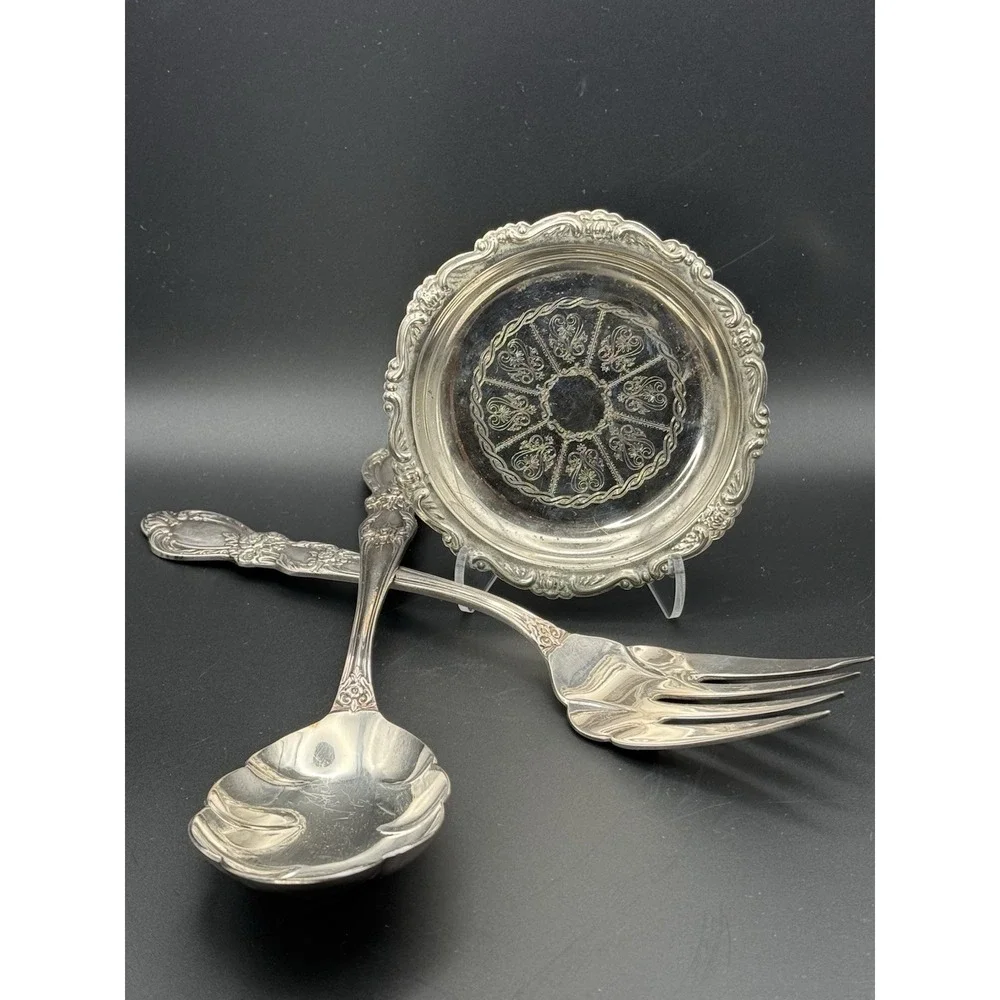 VTG 1953 Rogers Bros IS HERITAGE Silverplate Salad Serving Set Spoon Fork & Dish